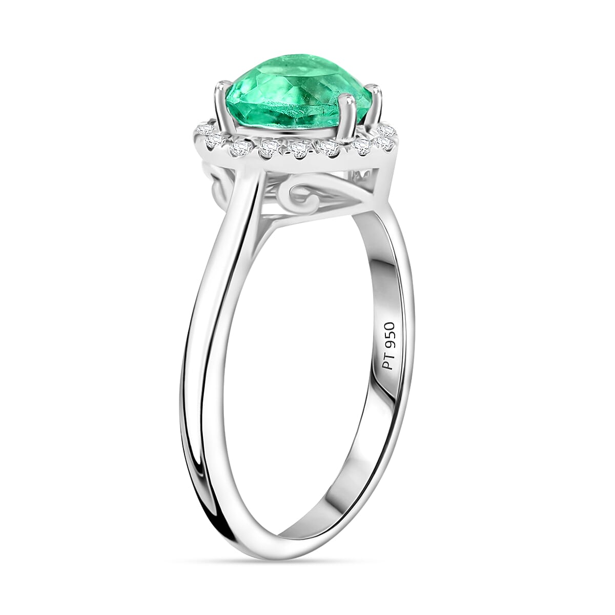 Certified and Appraised Rhapsody AAAA Boyaca Colombian Emerald and G-H SI Diamond 1.70 ctw Ring in 950 Platinum (Size 7.5) image number 3