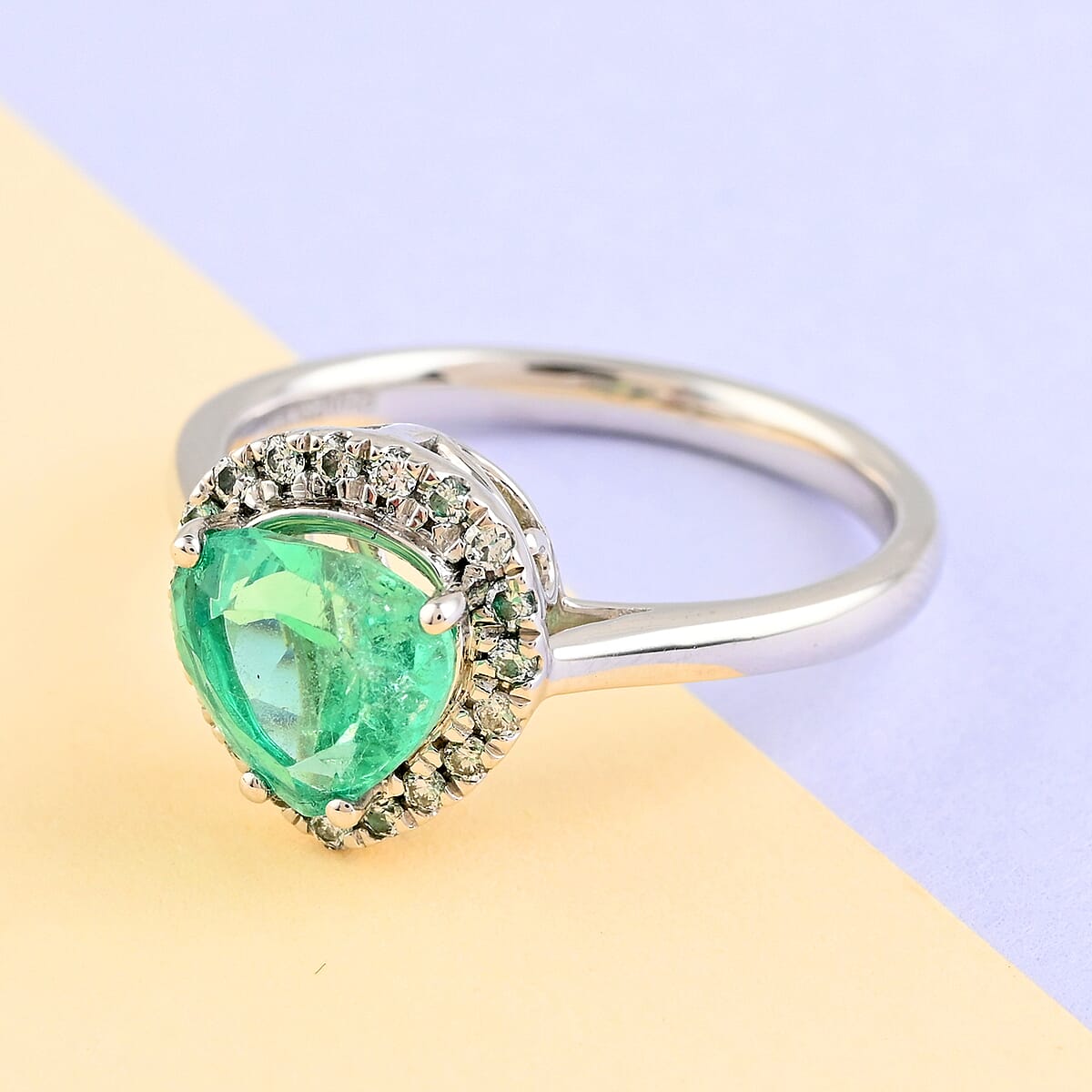 Certified and Appraised Rhapsody AAAA Boyaca Colombian Emerald and G-H SI Diamond 1.70 ctw Ring in 950 Platinum (Size 9.0) image number 1