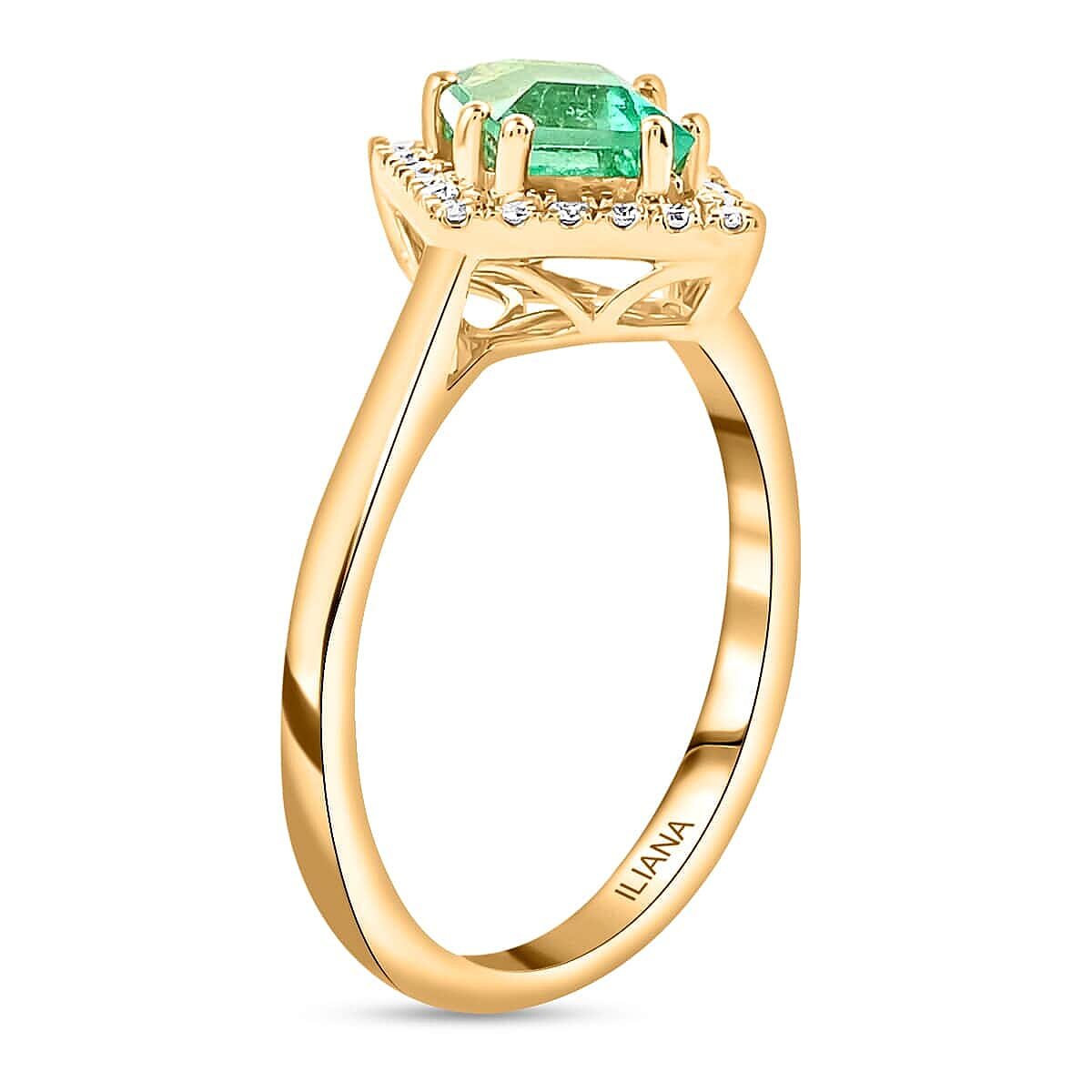 One Of A Kind Iliana AAA Boyaca Colombian Emerald and G-H SI Diamond 1.00 ctw Kite Shape Halo Ring in 18K Yellow Gold (Size 8.5) image number 2