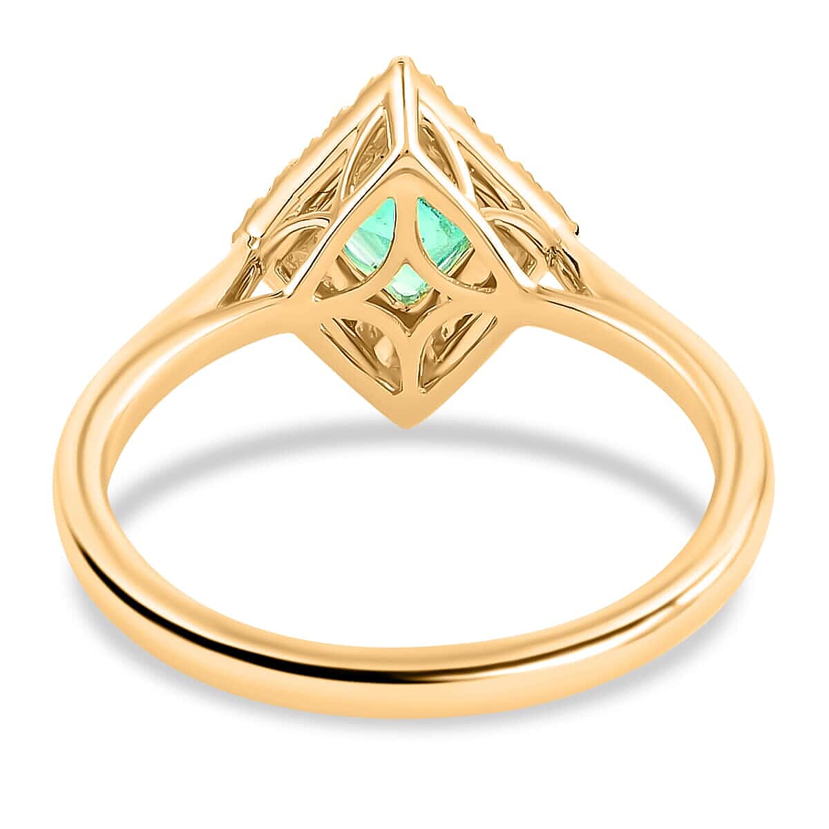 One Of A Kind Iliana AAA Boyaca Colombian Emerald and G-H SI Diamond 1.00 ctw Kite Shape Halo Ring in 18K Yellow Gold (Size 8.5) image number 3