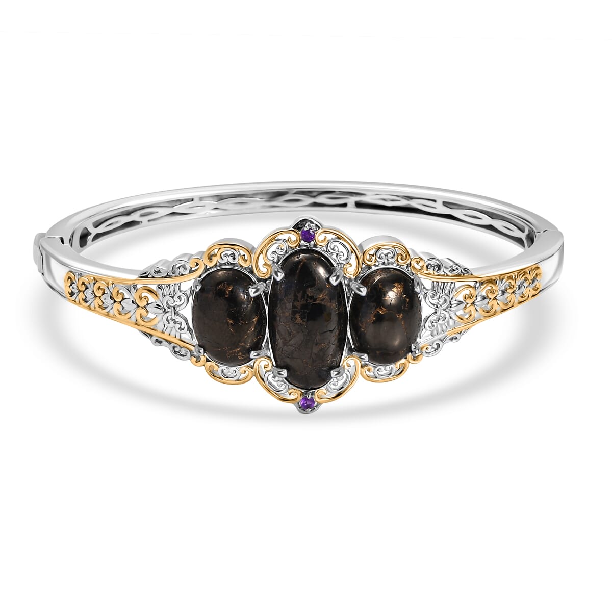 Matrix Silver Shungite and African Amethyst 14.25 ctw Bangle Bracelet in 14K YG and Platinum Over Copper (7.25 In)  image number 0
