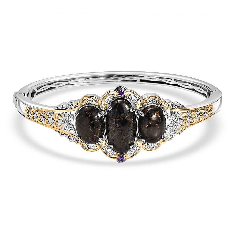 Matrix Silver Shungite and African Amethyst 14.25 ctw Bangle Bracelet in 14K YG and Platinum Over Copper with Magnet (7.25 In) 