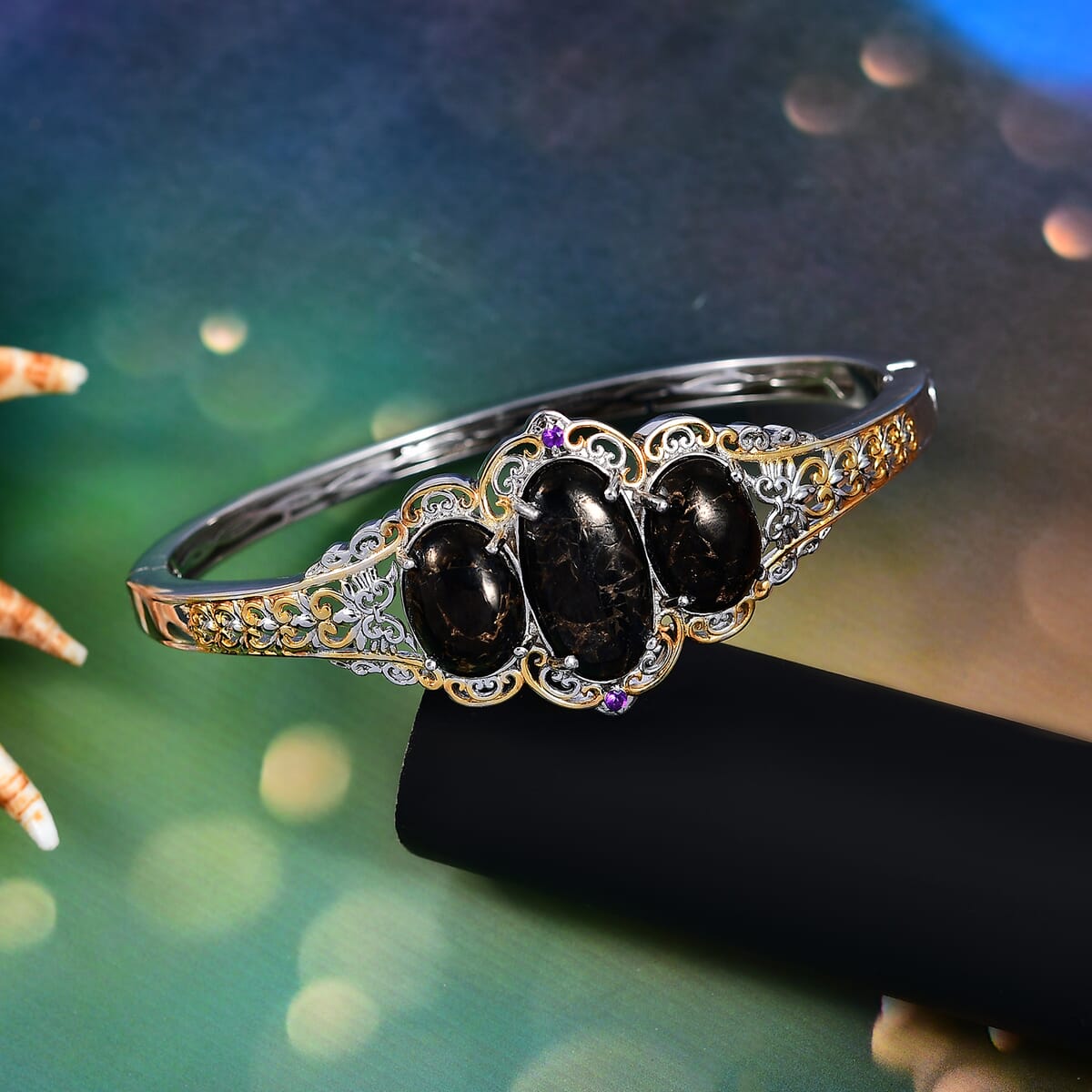 Matrix Silver Shungite and African Amethyst 14.25 ctw Bangle Bracelet in 14K YG and Platinum Over Copper (7.25 In)  image number 1