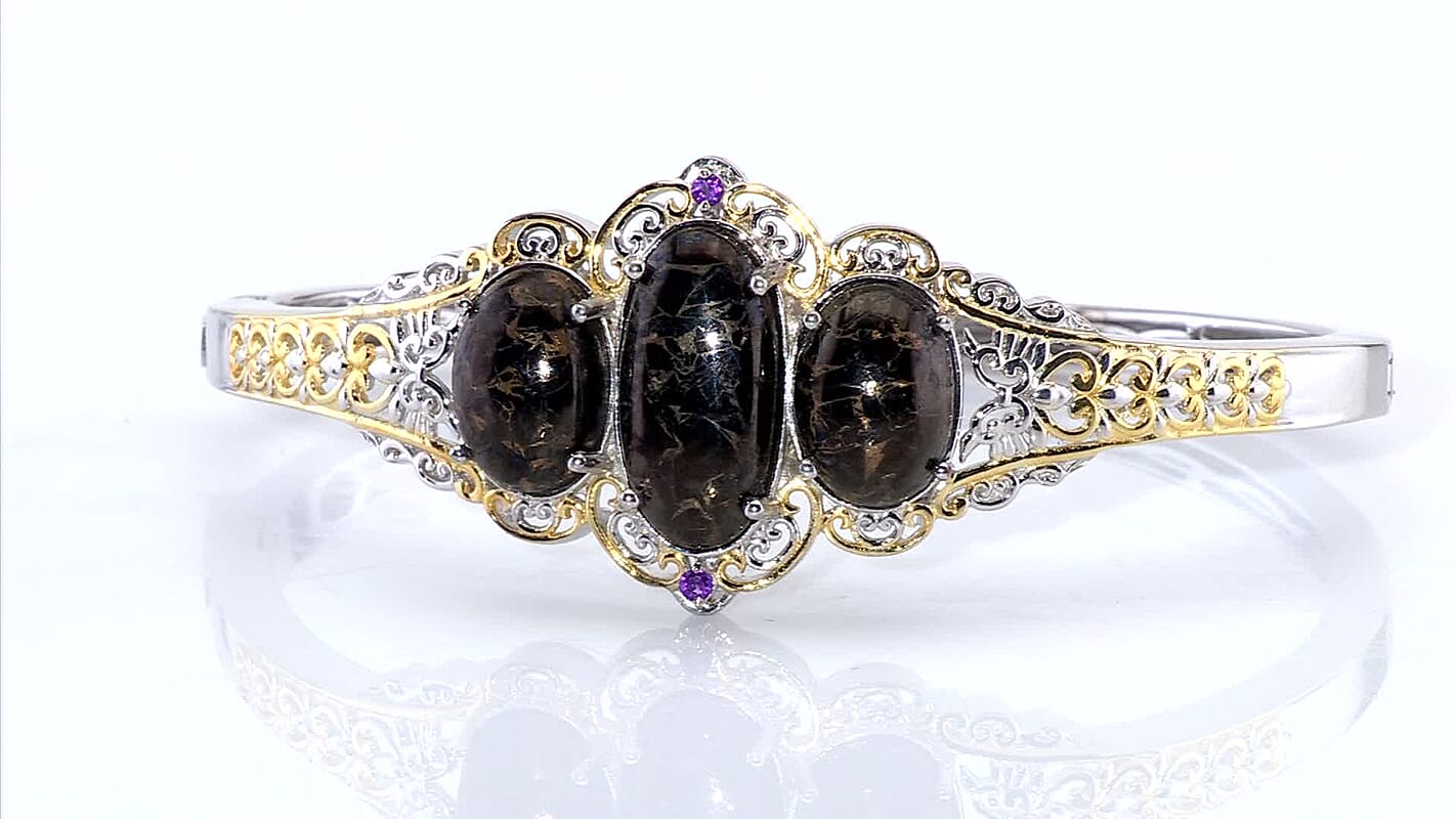Matrix Silver Shungite, African Amethyst Bangle Bracelet in 14K YG and Platinum Over Copper (7.25 In) 14.25 ctw