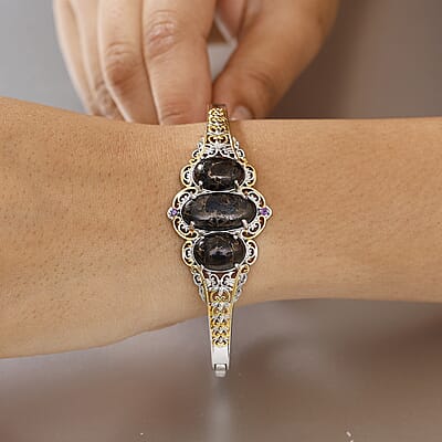 Matrix Silver Shungite and African Amethyst 14.25 ctw Bangle Bracelet in 14K YG and Platinum Over Copper with Magnet (7.25 In) 