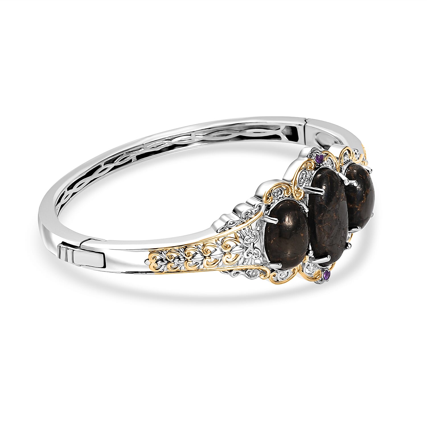 Matrix Silver Shungite and African Amethyst 14.25 ctw Bangle Bracelet in 14K YG and Platinum Over Copper with Magnet (7.25 In) 