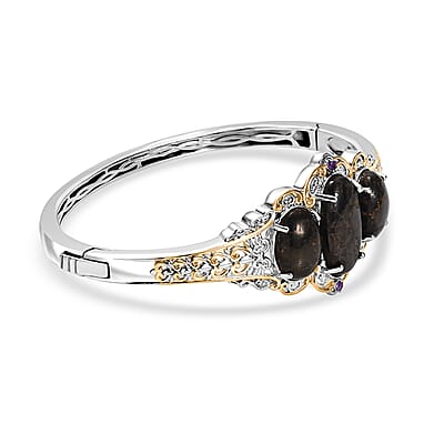 Matrix Silver Shungite and African Amethyst 14.25 ctw Bangle Bracelet in 14K YG and Platinum Over Copper with Magnet (7.25 In) 