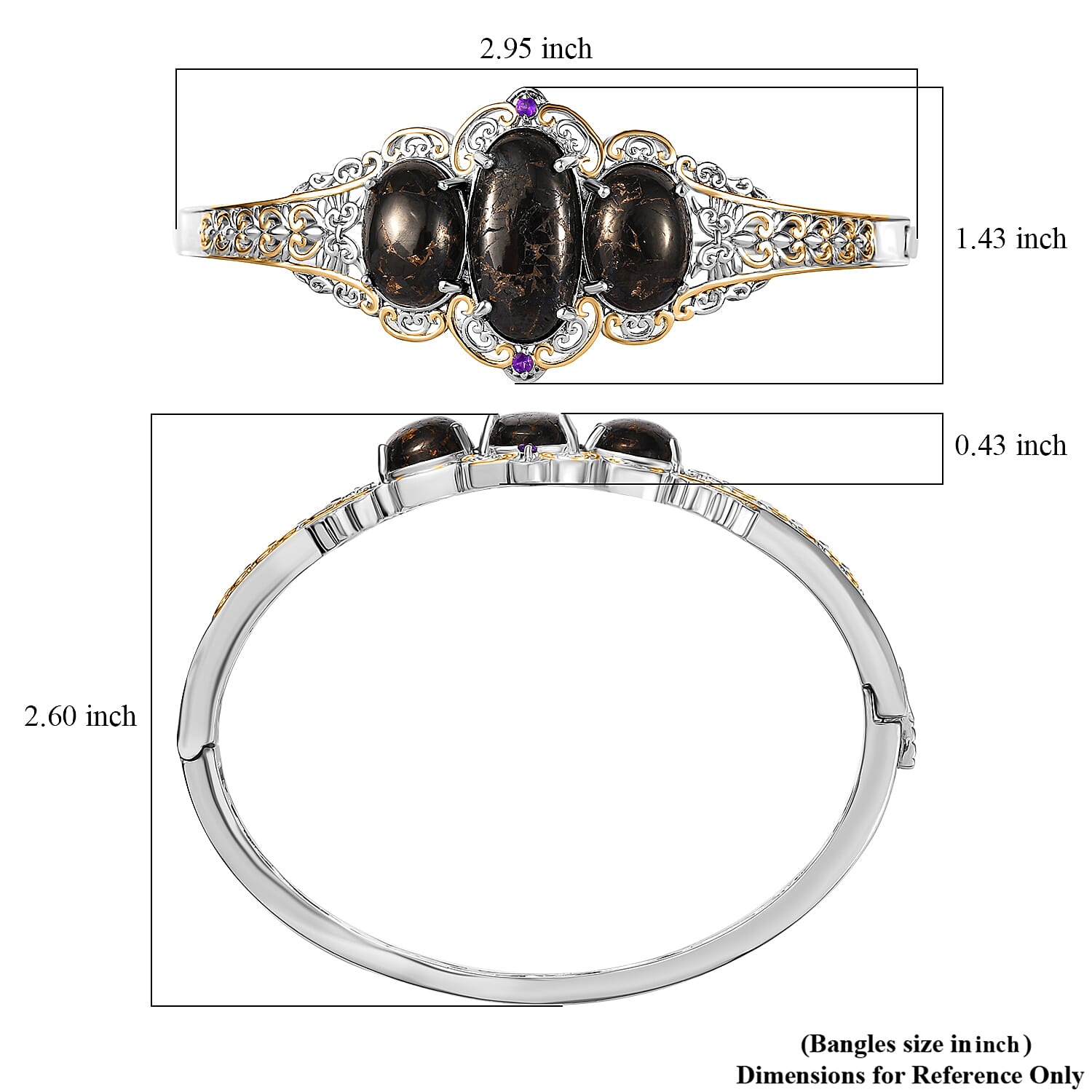 Matrix Silver Shungite and African Amethyst 14.25 ctw Bangle Bracelet in 14K YG and Platinum Over Copper with Magnet (7.25 In) 