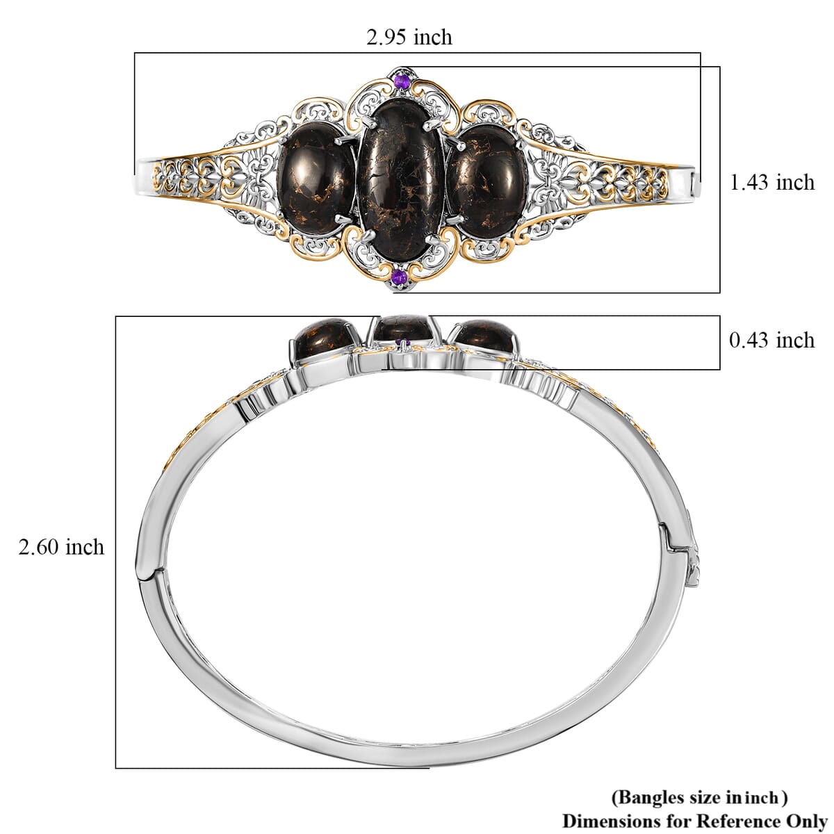 Matrix Silver Shungite and African Amethyst 14.25 ctw Bangle Bracelet in 14K YG and Platinum Over Copper (7.25 In)  image number 5