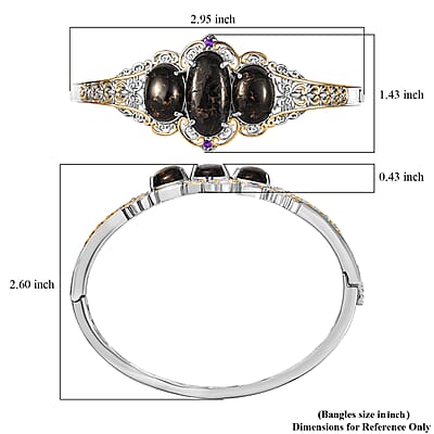 Matrix Silver Shungite and African Amethyst 14.25 ctw Bangle Bracelet in 14K YG and Platinum Over Copper with Magnet (7.25 In) 