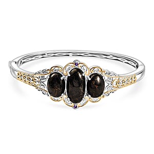 Matrix Silver Shungite and African Amethyst 14.35 ctw Bangle Bracelet in 14K YG and Platinum Over Copper with Magnet (8.00 In)