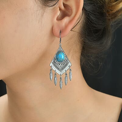 Mojave Blue Turquoise 10.50 ctw Dangling Earrings in Stainless Steel 