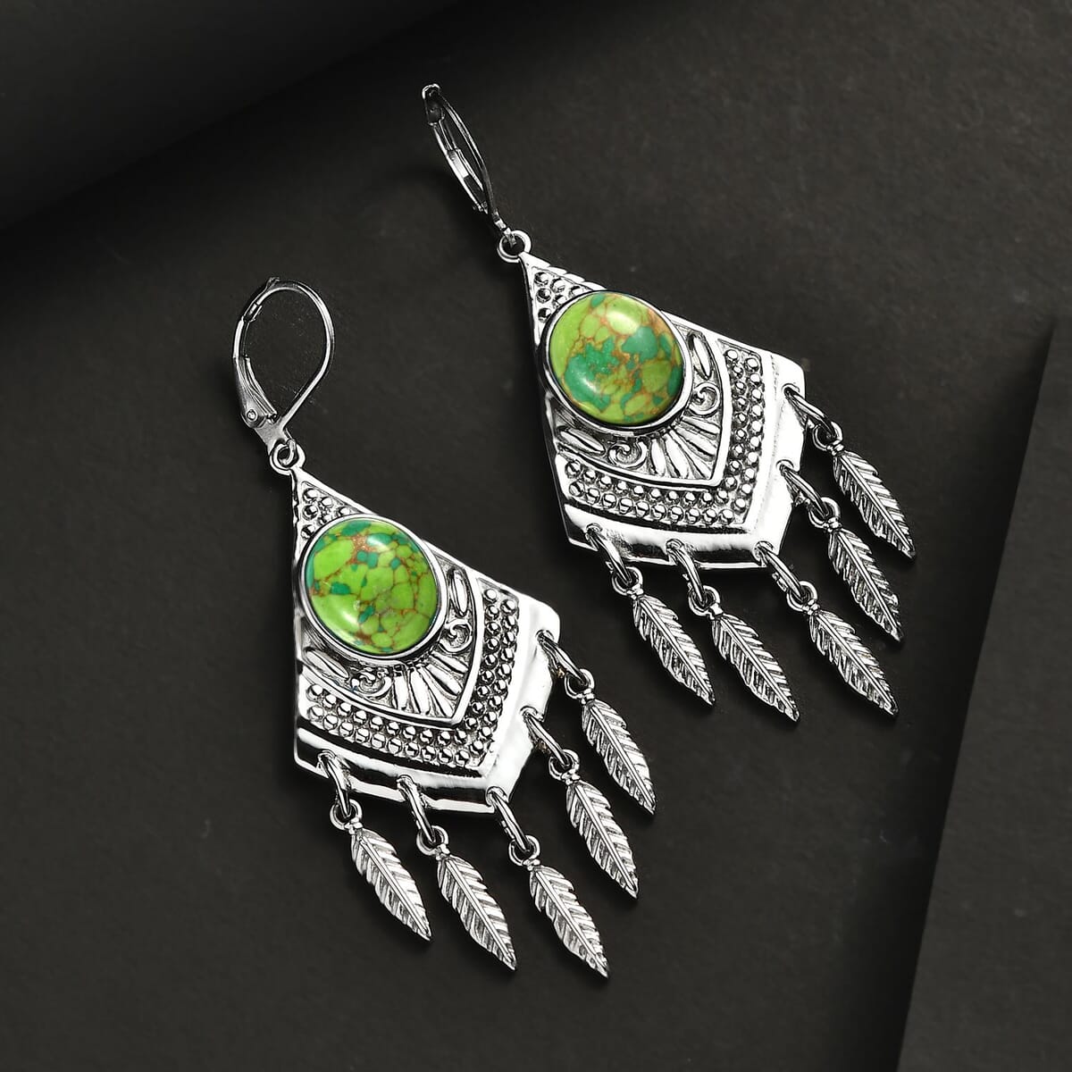 Mojave Green Turquoise 9.20 ctw Dangling Earrings in Stainless Steel  image number 1