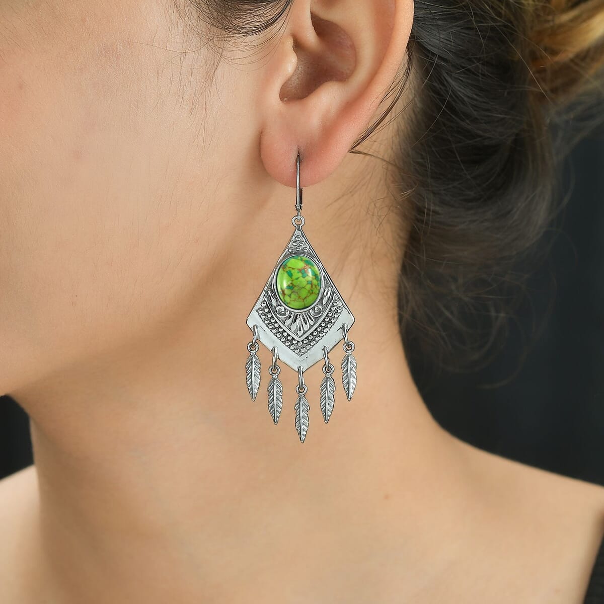 Mojave Green Turquoise 9.20 ctw Dangling Earrings in Stainless Steel  image number 2