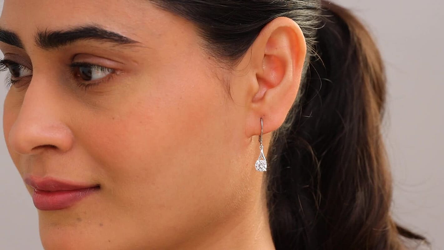 Simulated Diamond Solitaire Lever Back Earrings in Sterling Silver 2.75 ctw