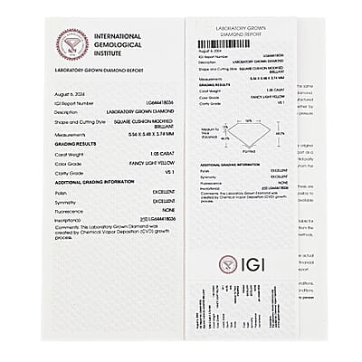 IGI Certified 1.00 ctw  Lab Grown Yellow Diamond Loose Gemstone – VS2 (Square Cushion Cut)