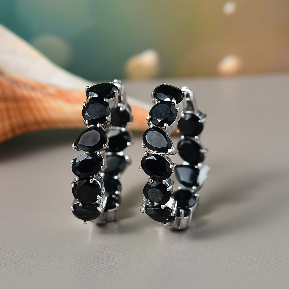 Karis Thai Black Spinel 22.55 ctw Hoop Earrings in Platinum Bond image number 1