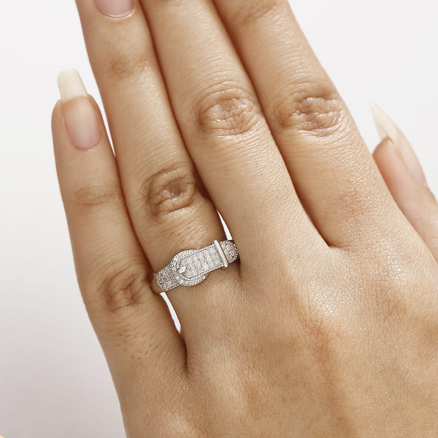 D'Joy Diamond 0.25 ctw Buckle Ring in Rhodium Over Sterling Silver (Size 10.0) 