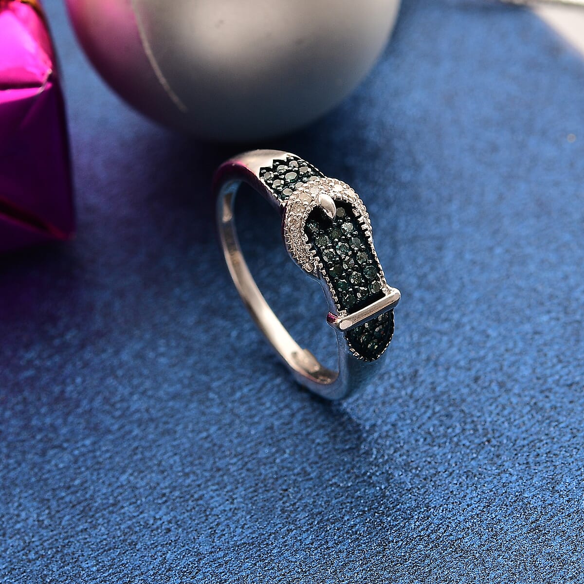 D'Joy Blue Diamond and White Diamond 0.25 cts Buckle Ring in Rhodium Over Sterling Silver (Size 6.0) image number 1