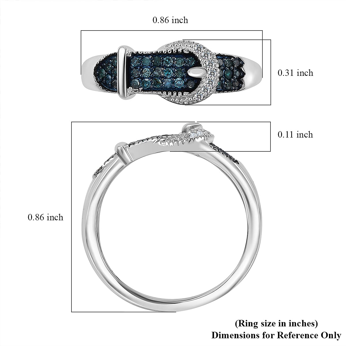 D'Joy Blue Diamond and White Diamond 0.25 cts Buckle Ring in Rhodium Over Sterling Silver (Size 6.0) image number 5
