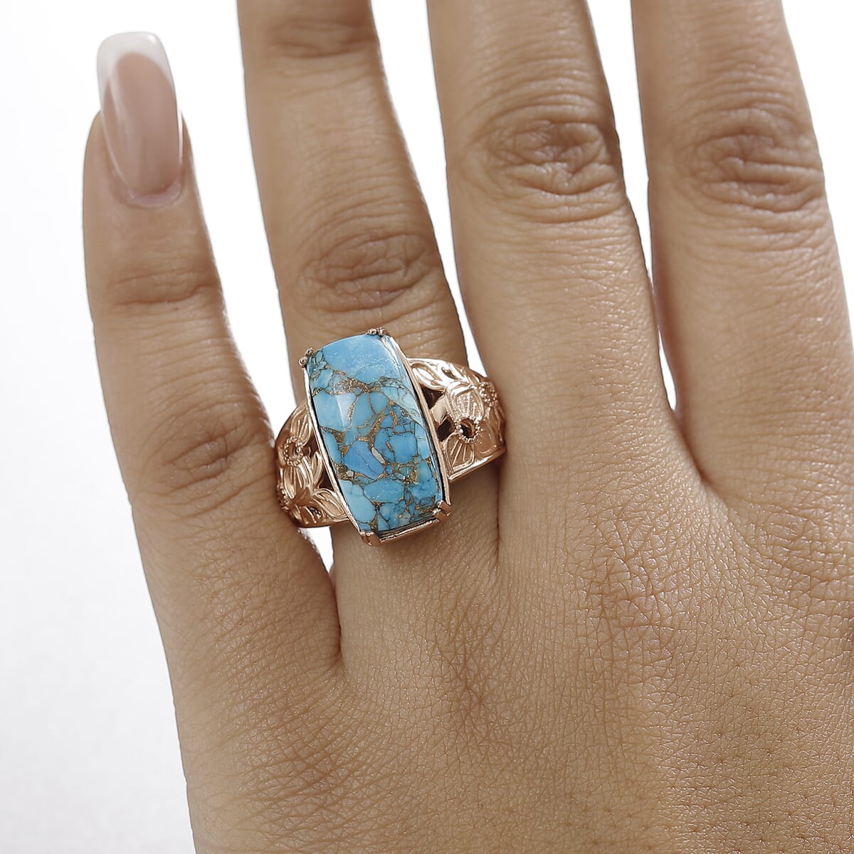 Karis Matrix Chestnut Brine Turquoise 10.30 ctw Solitaire Ring in 18K RG Plated (Size 9.0)  image number 2