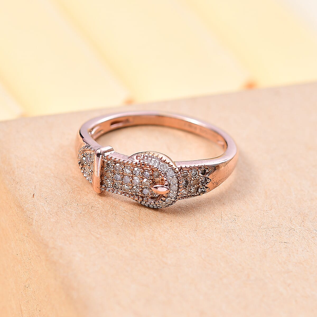 D'Joy Natural Champagne and White Diamond 0.25 ctw Buckle Ring in 18K Vermeil RG Over Sterling Silver (Size 9.0)  image number 1