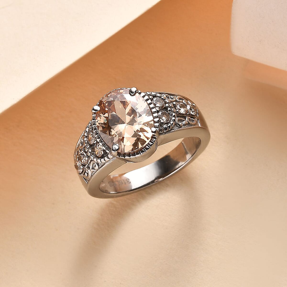 Simulated Champagne Color Diamond 4.50 ctw Ring in Stainless Steel (Size 6.0)  image number 1