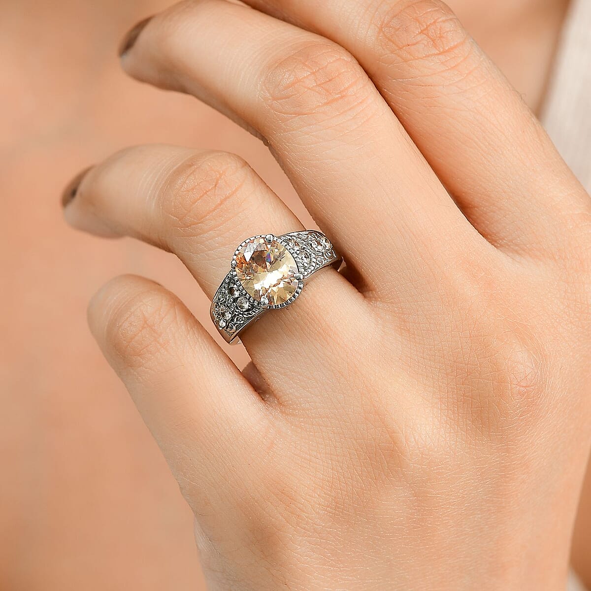 Simulated Champagne Color Diamond 4.50 ctw Ring in Stainless Steel (Size 6.0)  image number 2