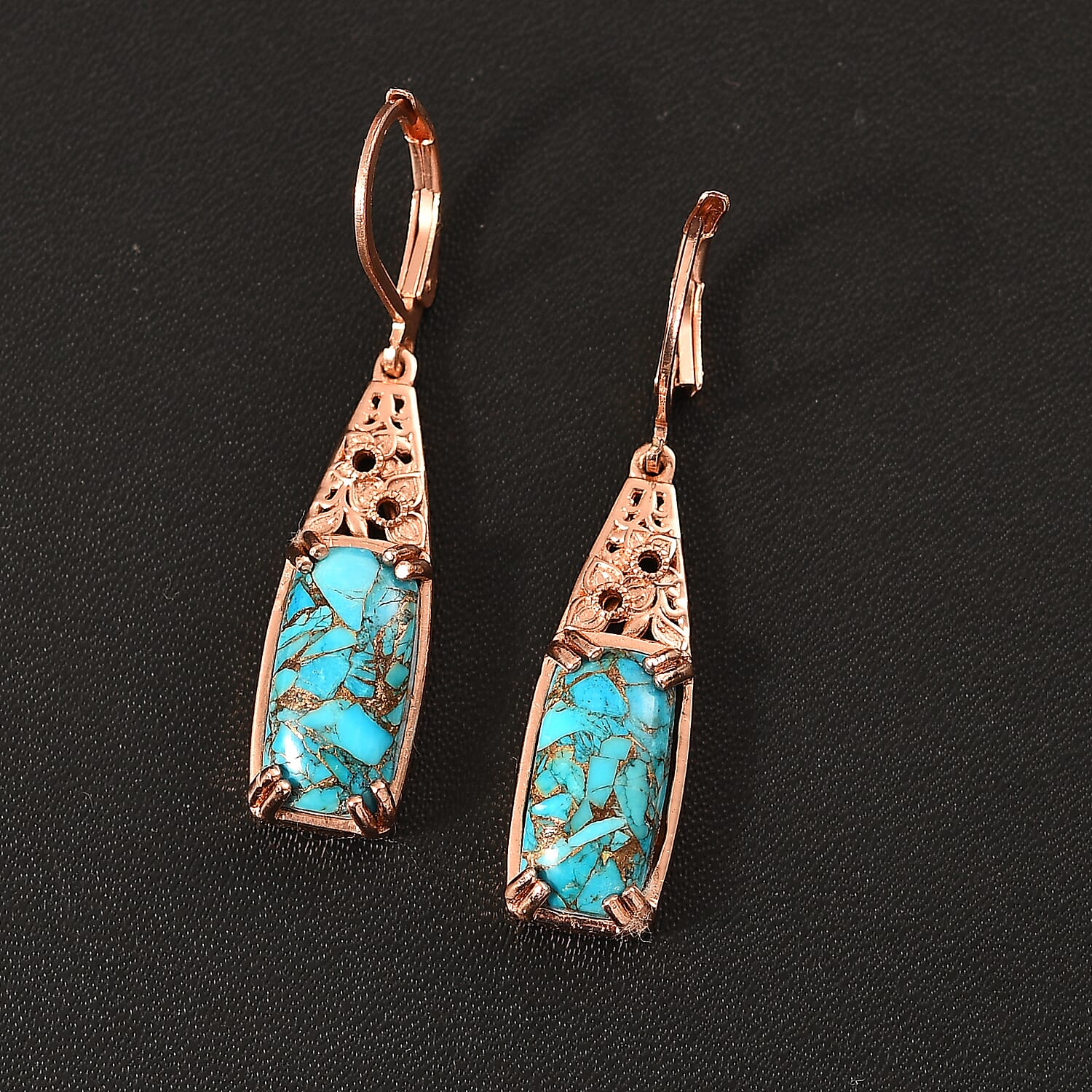 Karis Matrix Chestnut Brine Turquoise 7.00 ctw Solitaire Lever Back Earrings in 18K RG Plated