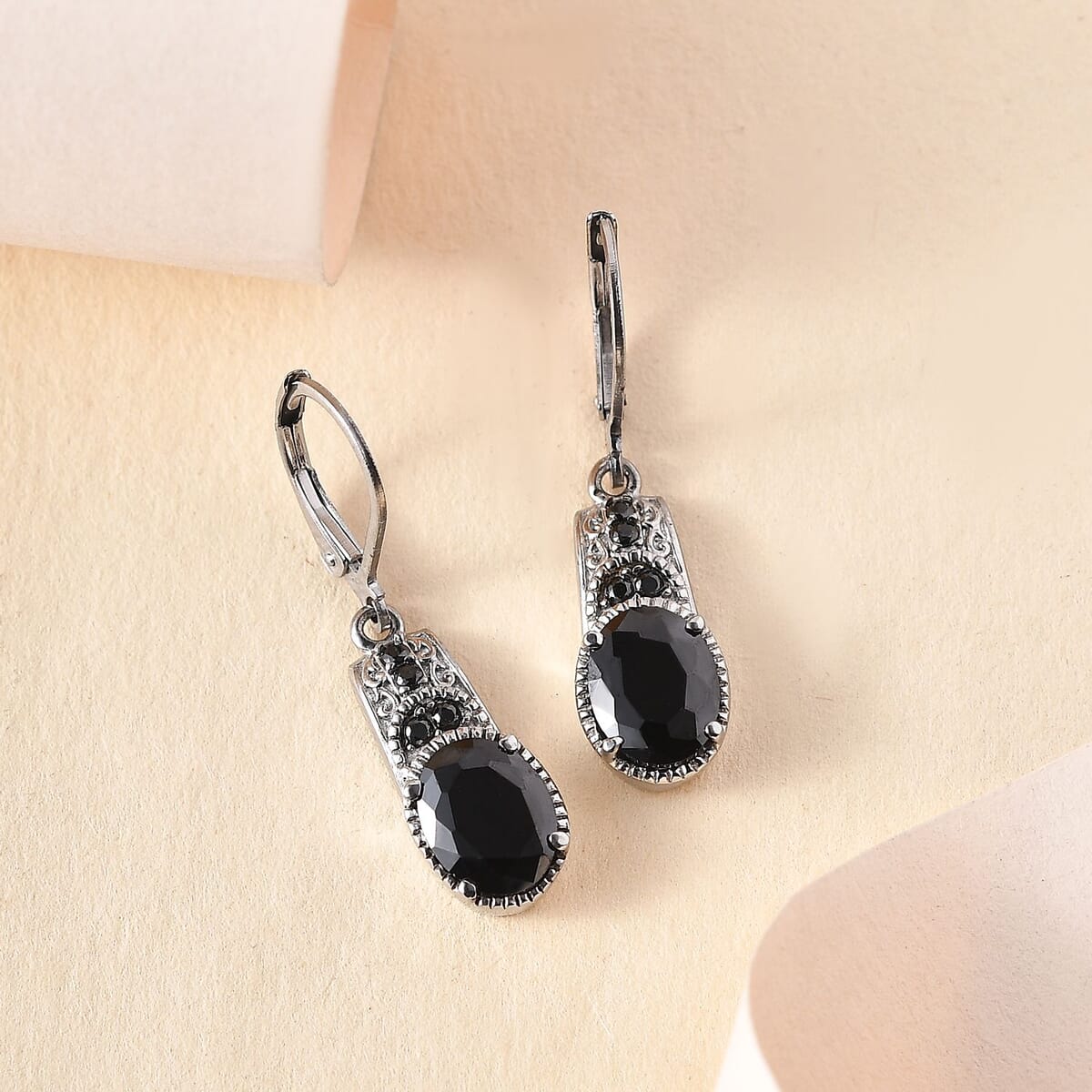 Simulated Black Diamond 6.35 ctw Lever Back Earrings in Stainless Steel  image number 1