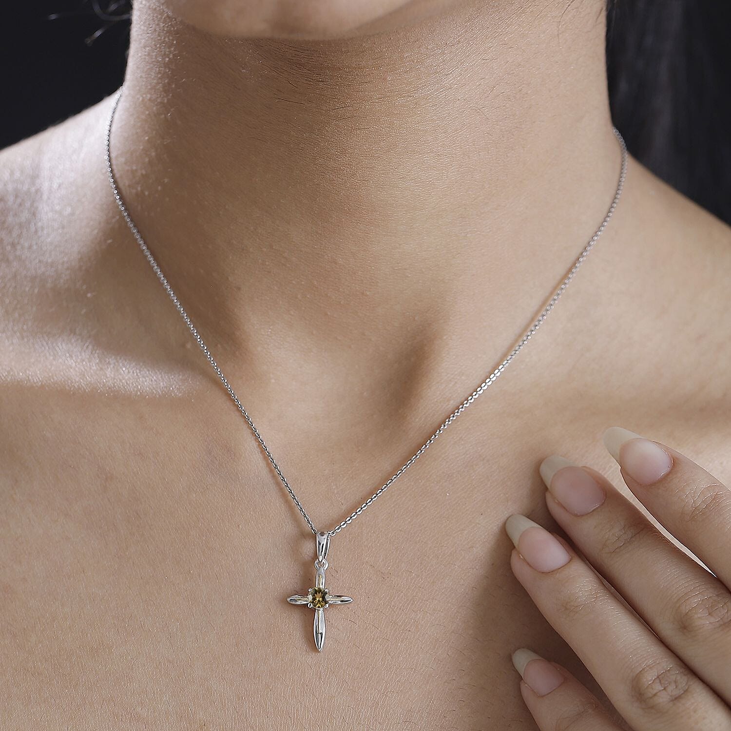 Natural Golden Tanzanite 0.27 ctw Cross Pendant Without Chain in 14K Yellow Gold and Platinum Over Sterling Silver