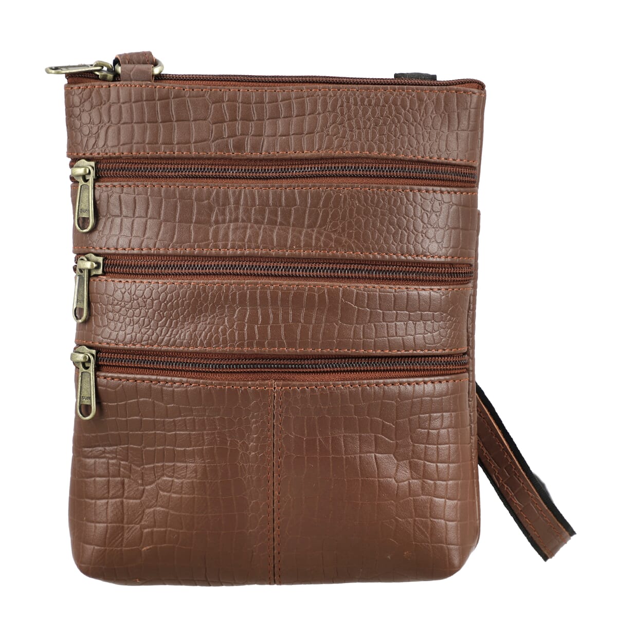 Tan Genuine Leather Croco Embossed Crossbody Bag image number 0