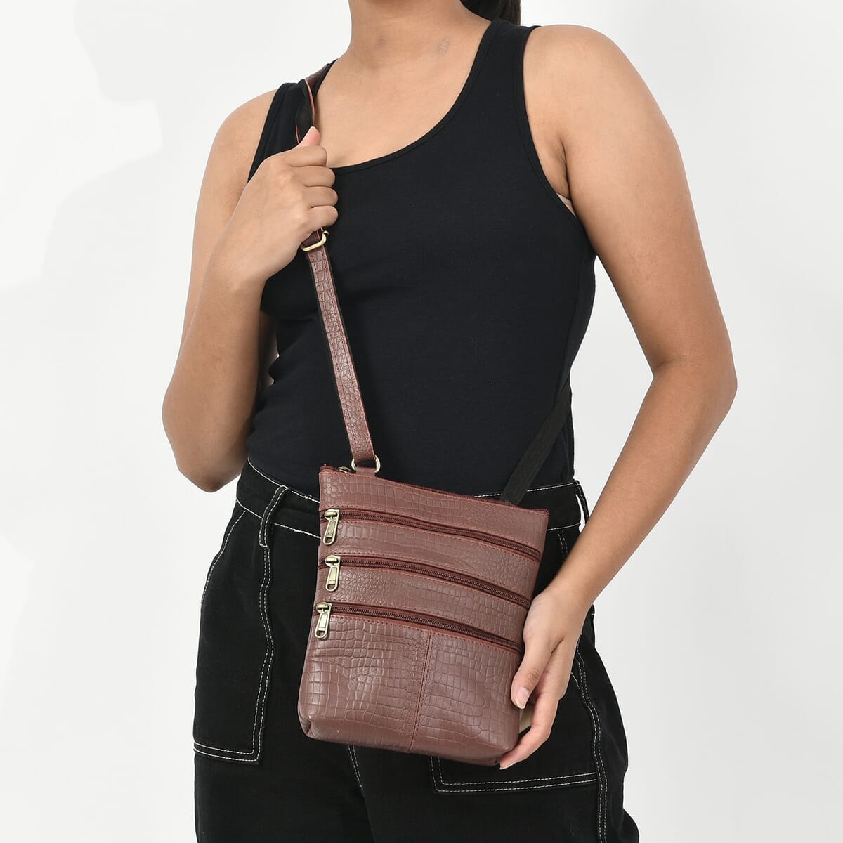 Tan Genuine Leather Croco Embossed Crossbody Bag image number 1