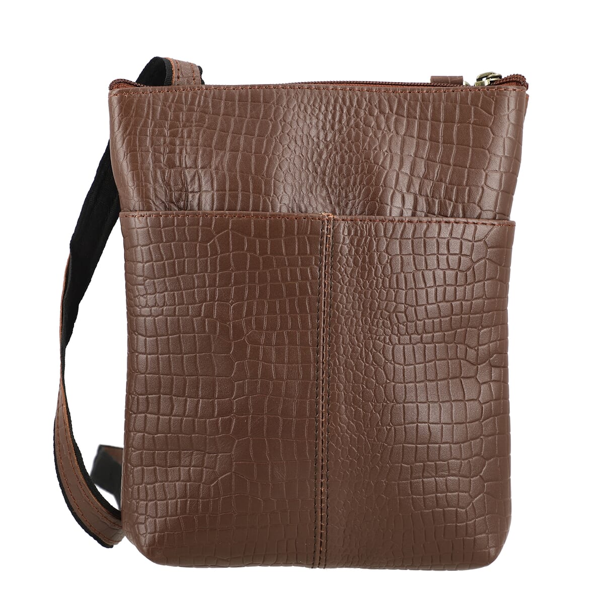 Tan Genuine Leather Croco Embossed Crossbody Bag image number 4
