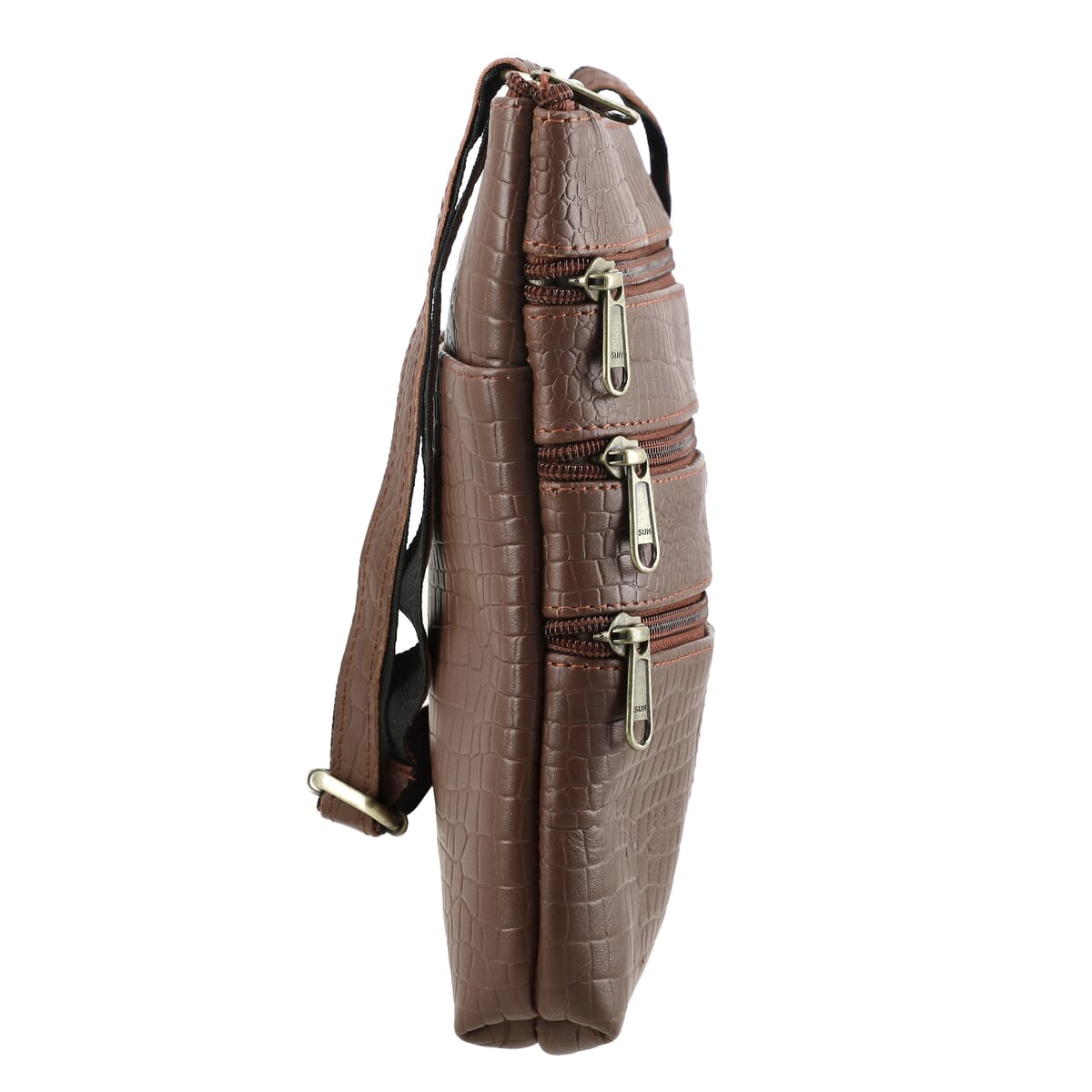 Tan Genuine Leather Croco Embossed Crossbody Bag image number 6