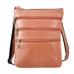 Peach Genuine Leather Croco Embossed Crossbody Bag