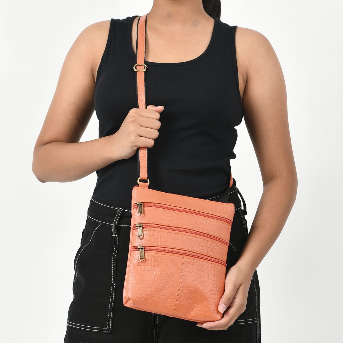 Peach Genuine Leather Croco Embossed Crossbody Bag image number 1