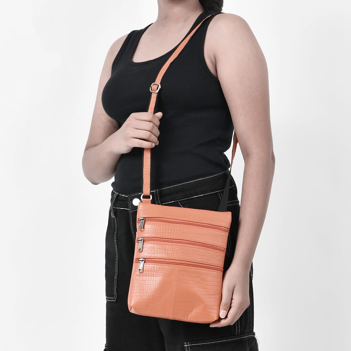 Peach Genuine Leather Croco Embossed Crossbody Bag image number 2