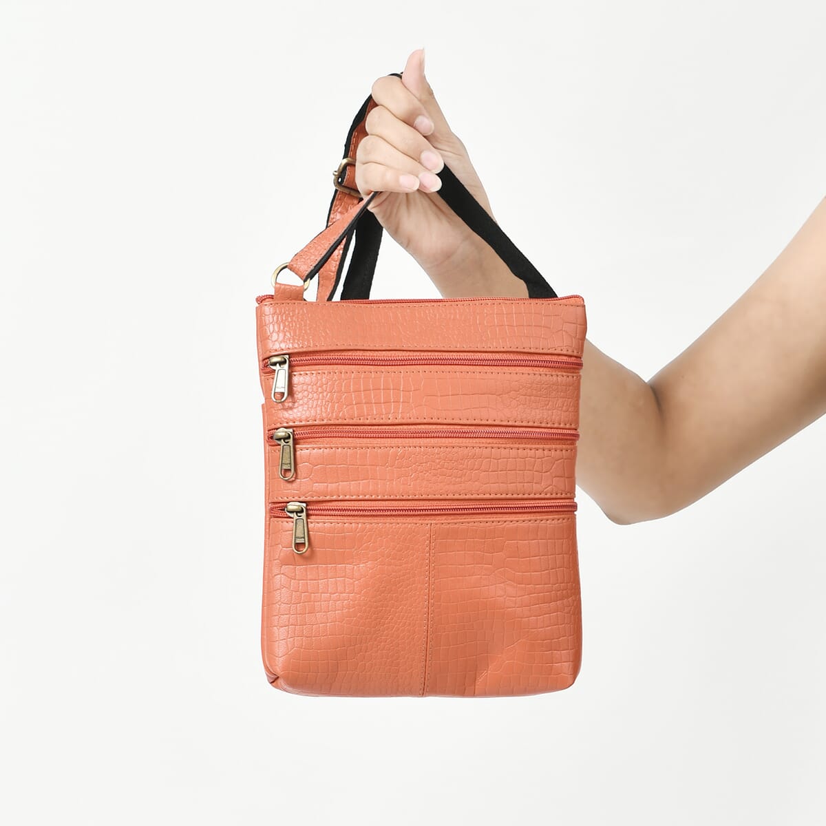 Peach Genuine Leather Croco Embossed Crossbody Bag image number 3