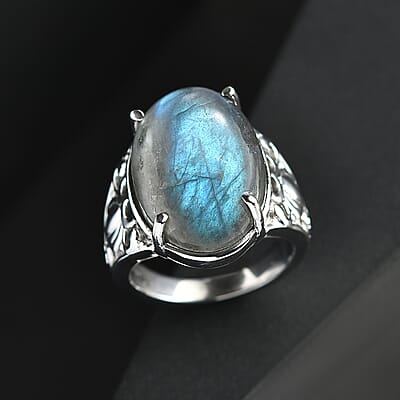 Malagasy Labradorite 13.00 ctw Solitaire Ring in Stainless Steel (Size 10.0) 