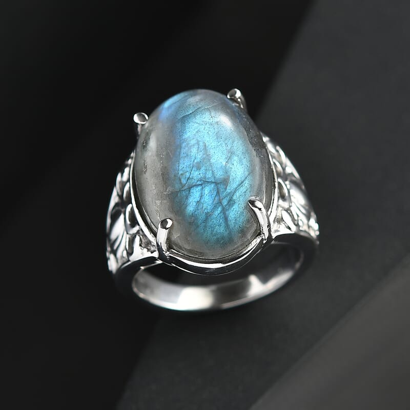 Malagasy Labradorite 13.00 ctw Solitaire Ring in Stainless Steel (Size 10.0) 
