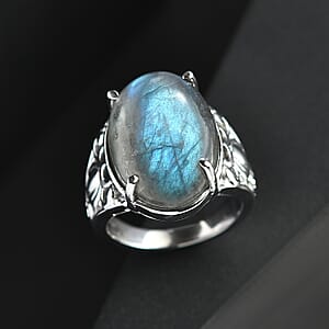 Malagasy Labradorite 13.00 ctw Solitaire Ring in Stainless Steel (Size 7.0)