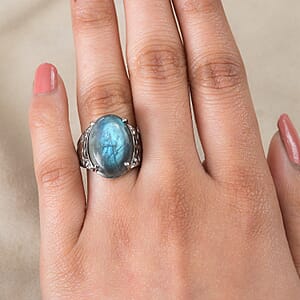 Malagasy Labradorite 13.00 ctw Solitaire Ring in Stainless Steel (Size 7.0)