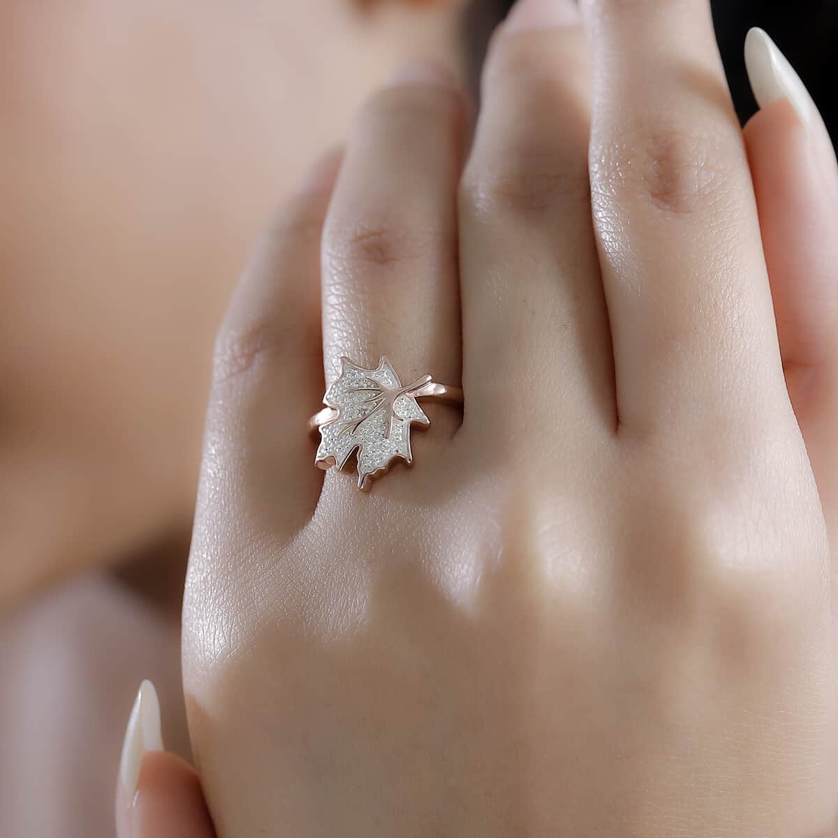 Karis White Diamond Accent Leaf Ring in 18K RG Plated and Platinum Bond (Size 10.0) image number 2