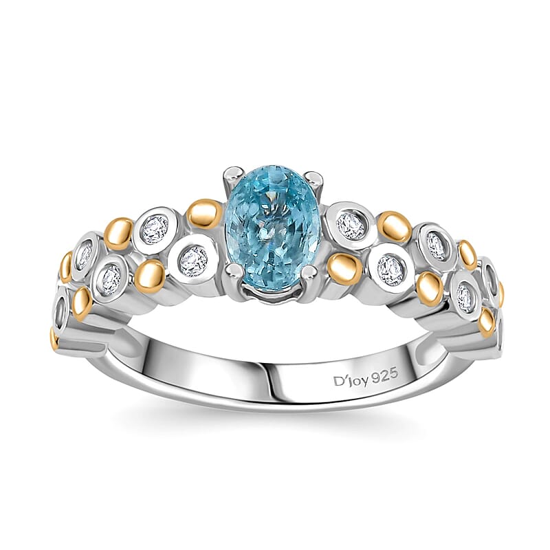 D'Joy Premium Cambodian Blue Zircon and Moissanite 2.50 ctw Bubbles Ring in 18K Vermeil YG and Rhodium Over Sterling Silver (Size 5.0)