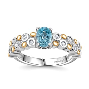 D'Joy Premium Cambodian Blue Zircon and Moissanite 2.50 ctw Bubbles Ring in 18K Vermeil YG and Rhodium Over Sterling Silver (Size 6.0)