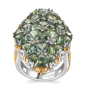 Tanzania Natural Green Apatite 7.40 ctw Bunch of Flower Ring in 18K Vermeil YG and Rhodium Over Sterling Silver (Size 7.0)