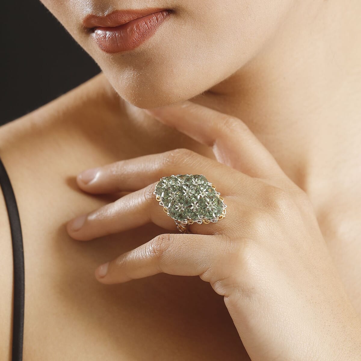 Tanzania Natural Green Apatite 7.40 ctw Bunch of Flower Ring in 18K Vermeil YG and Rhodium Over Sterling Silver (Size 7.0) image number 1