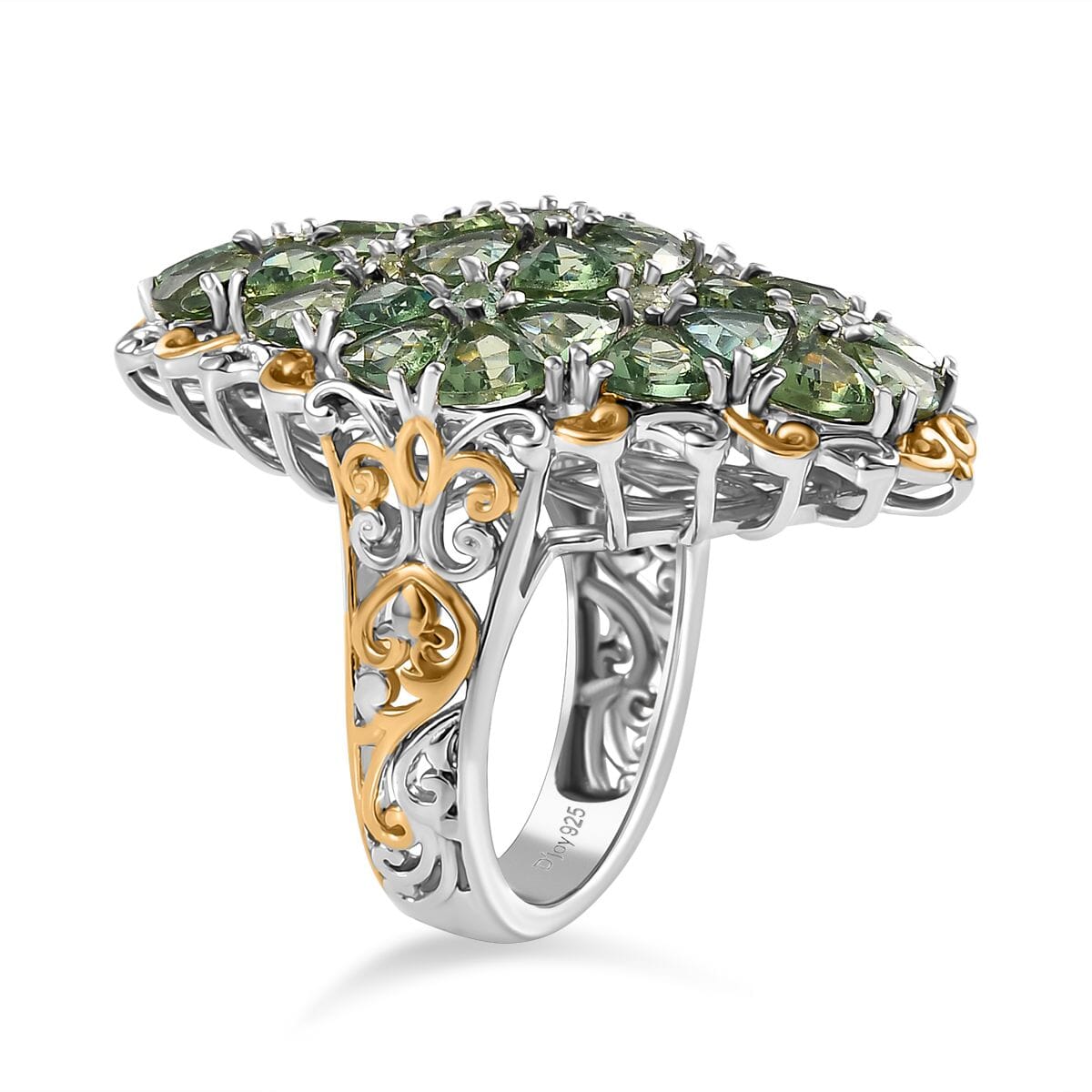 Tanzania Natural Green Apatite 7.40 ctw Bunch of Flower Ring in 18K Vermeil YG and Rhodium Over Sterling Silver (Size 7.0) image number 2