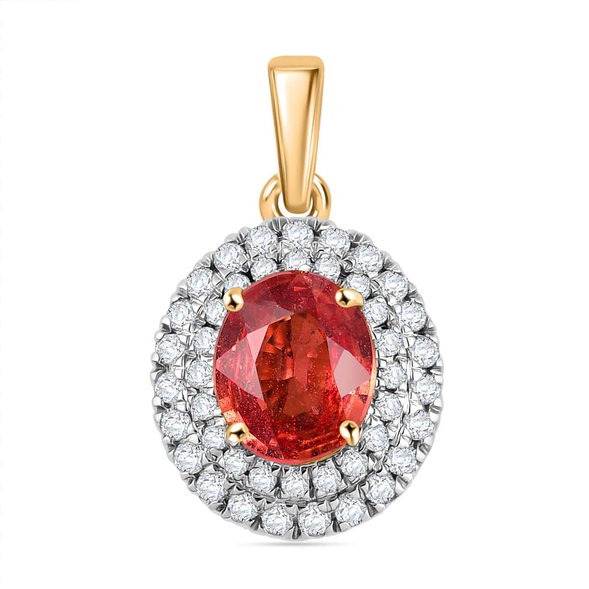 Certified & Appraised Luxoro AAA Padparadscha Sapphire and G-H I2 Diamond 2.05 ctw Double Halo Pendant in 14K Yellow Gold  image number 0